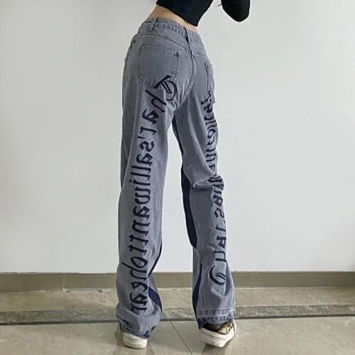 Women Straight Wide Leg Jeans Denim Jeans High Waist Relaxed Fit Letter Embroidery Denim Pants Ladies Spring Autumn Wear