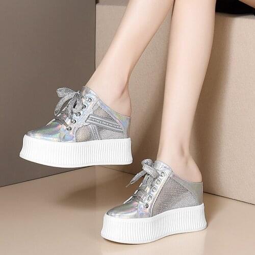 2020 Fashion Cut-outs Women Shoes Slippers Summer Closed Toe Wedge Sandals Genuine Leather Lady Slides Shoes Woman