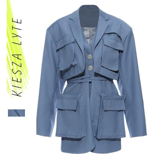 Women Blue Pocket Split Joint Big Size Blazer New Lapel Long Sleeve Loose Fit Jacket Fashion Spring Autumn 2021 Safari coats