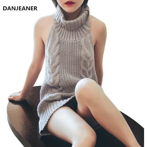 Danjeaner Sexy Off Shoulder Sleeveless Turtleneck Pullovers Women Backless Solid Knitted Sweaters Long Jumpers Solid Winter Tops