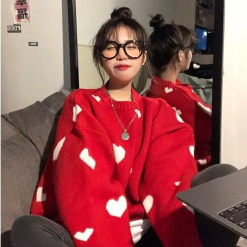 Women Sweater Korean Fashion Love Heart Knit Pullover Top Casual Long Sleeve O-neck Pull Femme Sweet Loose Kawaii Clothes Tricot