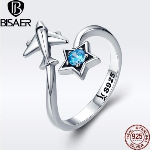 100% 925 Sterling Silver Blue Star Travel Dream Plane Rings for Women Wedding Finger Ring Authentic Silver Jewelry Anel ECR322
