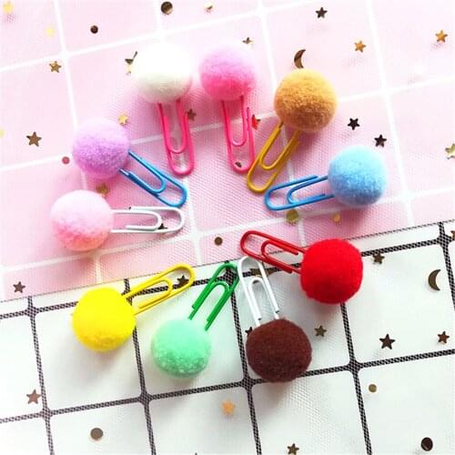 10pcs/pack Cute Candy Color Plush Ball Paper Clips Kawaii Metal Bookmarks Memo Clips Office Supplies Korean Stationery for Kids