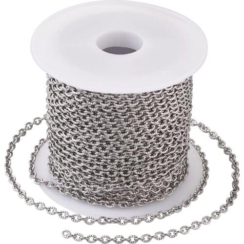 5m/roll Vacuum Plating 304 Stainless Steel Textured Cable Chains Oval Unwelded with Spool Links DIY Necklace Jewelry 3x2x0.6mm