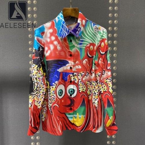AELESEEN High Quality 100% Silk Women Shirt 2021 New Arrival Runway Fashion Porcelian Dots Cartoon Print Beading Elegant Blouse