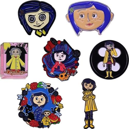 Coraline Spooky Button Eyes Doll Mysterious Adventurous Girl Brooch Pins Enamel Metal Badges Lapel Pin Brooches Accessories