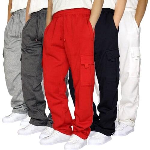 New Mens Loose Straight Pants Fashion Casual Side Large Pocket Mens Streetwear Trousers Drawstring Cargo Pants
