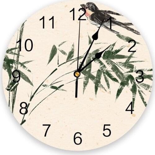 Spring Bamboo Swallow Ink Chinese Style Round Wall Clock Creative Home Decor Living Room Quartz Needle Wall Clocks Hanging Watch