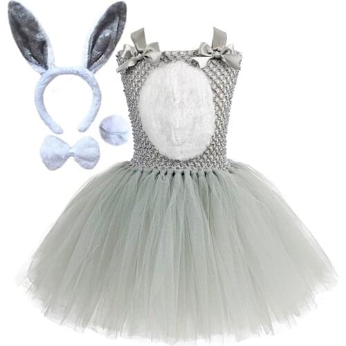 Cute Rabbit Dress Girls Kids Gray Bunny Cosplay Costume Toddler Girls Easter Halloween Fancy Dress Child Birthday Clothes Outfit