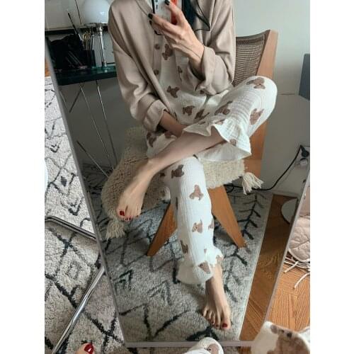 Sleeveless Cotton Female Sleepwear Summer Cartoon Bear Printing Cute Pijamas Suits Comfortable Soft 2 Pieces Pants Sets Homewear