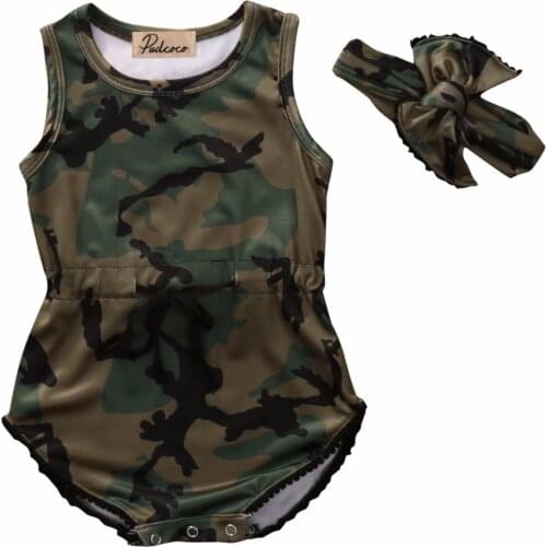 2pcs!!2017 Summer Newborn Baby Boy Girl Clothing Sleeveless Camouflage Romper +Headband Kid Girl Romper Outfits
