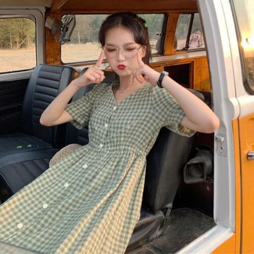 Cute Plaid Dress Summer Dress Single Breasted Plaid Loose Dress Casual Elastic Waist Elegant Colorful Dress For Women