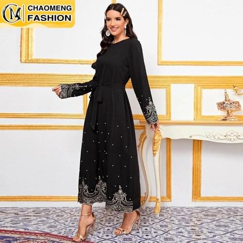 Middle East Fashion Lace Stitching Pearls Maxi Dress Muslim For Wowen Turkish Kaftan Islamic Clothing Dubai Abaya Ramadan Robe