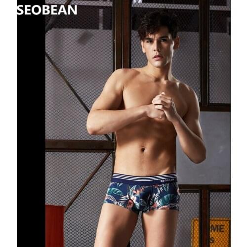 SEOBEAN Mens Underwear Floral Printing European and American U-pouch Bag Push Up Sexy Cotton Breathable Summer Boxers