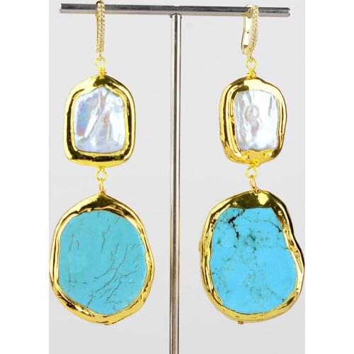 Natural Cultured White Biwa Keshi Pearl Blue Turquoises Slice Leverback Earrings Ethnic Style For Women