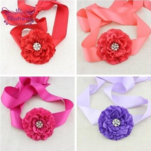 Nishine Solid Color Handmade Peony Flower Maternity Belt Boutique Rhinestone Floral Women Waistband Girls Clothing Ornaments