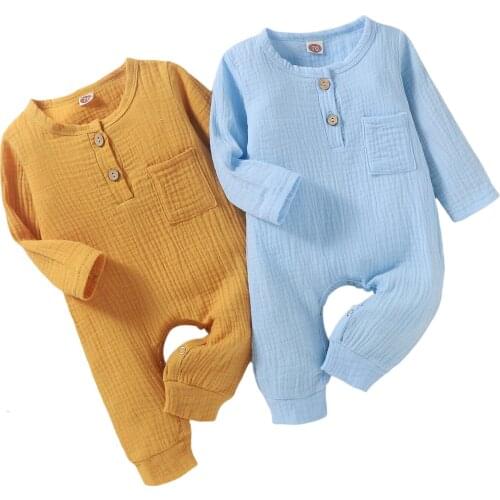 Unisex Baby Girls Boys Solid Color Romper, Long Sleeve O-neck Jumpsuit with Pocket for Spring, Fall