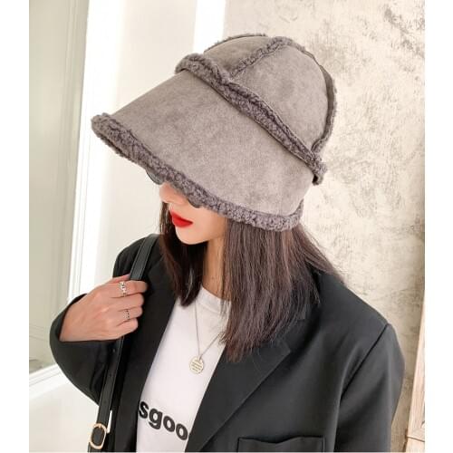 Woman Girl Lamb Fur Bucket Hat Patchwork Fishing Cap Korean Japan Fashion Hat Hunting Cycling Hat 2020 New