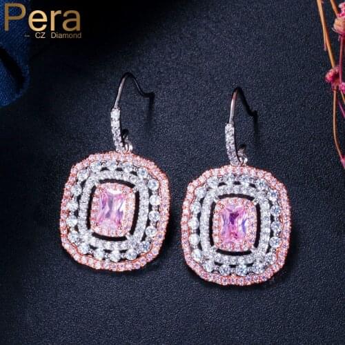 Pera Geometric Big Square Shape Pink and White Cubic Zirconia Setting Elegant Drop Hanging Hook Earrings for Women Jewelry E104