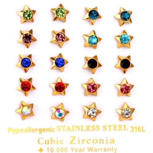 LUXUKISSKIDS Brand New 10pairs/lot Stainless Steel Stud Earrings Five-pointed Star Shape Crystal Mixed Color Earring