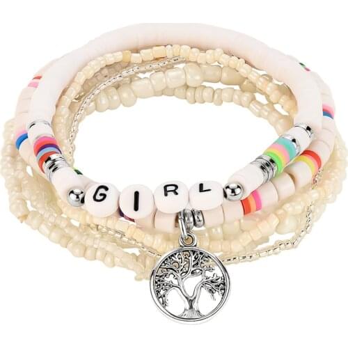 Bohemian Multi Layers Beaded Letters Alloy Soft Pottery Bracelet Life Tree Pendant Layered Charm Hand Chain Ladies Beach