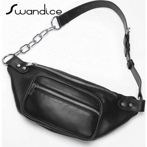 Real Genuine Cow Leather Fanny Packs Chest Waist Bum Belt Bags Chain Crossbody Messenger Shoulder Handbags Women Female Men Male