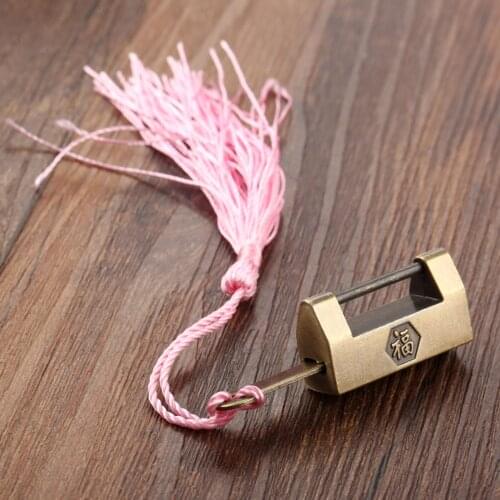 Padlock + Key Tassel Metal Chinese Character "Blessing" Pattern Antique Bronze Retro Decor Lock Jewelry Box Cabinet 31*17*10mm