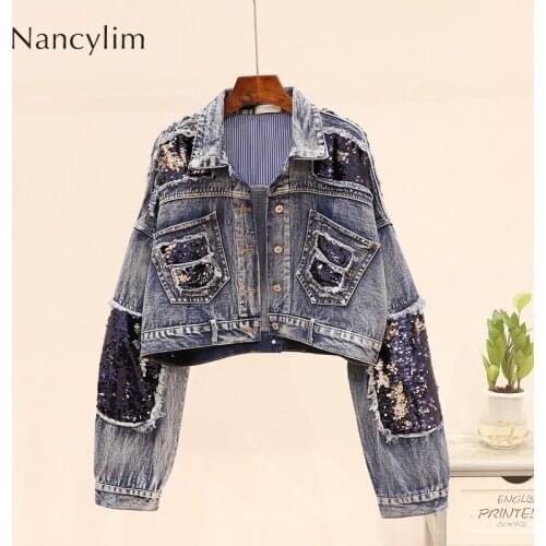 2019 Autumn Pop Heavy Sequins Frayed Short Denim Jacket Womens Loose Jean Jacket Girl Student Streetwear Ripped Jean Coats