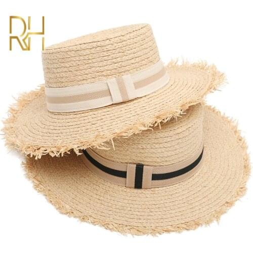 New Stylish Women Raffia Hats With Elegant Bow Korean Straw Hat Female Flat Top Panama Hat UV Protection Summer Holiday Hats RH