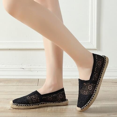 Lace Hollow Womens Flats Shoes Women Loafers Straw Fisherman Shoes Espadrilles Woman Cute flats Black Slip On Shoes for Women
