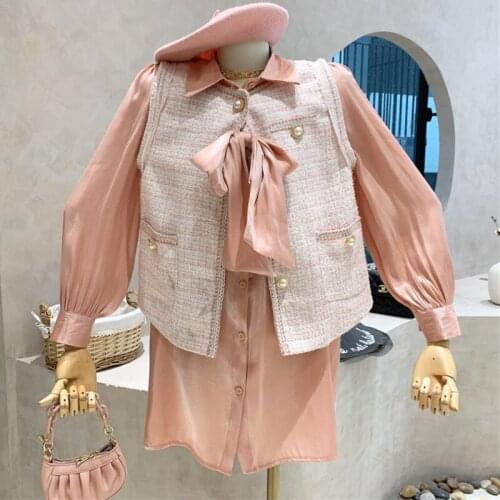 Small Fragrance Two Piece Set Women 2021 Autumn New Fashion Tweed Vest Coat + Bow Shirt Dress Suits Korean Sweet 2 Piece Suits