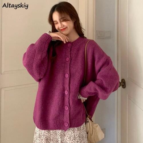 Cardigan Women Solid Newest Purple Fashion All-match Knitted Casual Ins Cozy Autumn Single Breasted O-Neck Loose Fitting Stylish