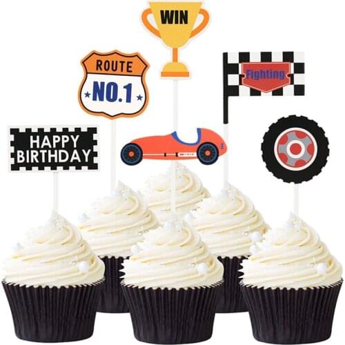 6pcs/set Racing Car Theme Party Cake Topper Win No.1 Trophy Happy Birthday Cupcake Decoration