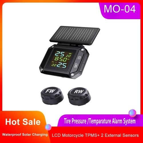 Hot MO-04 LCD Motorcycle TPMS Wireless Tire Pressure Sensors With 2 External Sensors Waterproof Tyre Temperature Alarm System