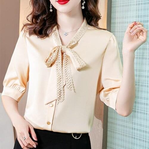 Spring Summer Women Fashion Chiffon Blouses Shirts Short Seleeve bow-knot Lacing Sag Blusas Loose Tops MM0243