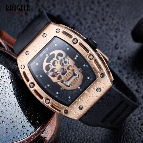 BAOGELA Top Brand Men Fashion Quartz Watch Mens Luxury Rose Skull Wristwatch Male Waterproof Clock Relogio Masculino 1612 Rose