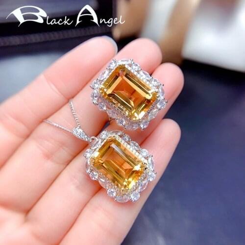 BLACK ANGEL New 925 Silver Jewelry Sets Yellow Crystal Zircon Pendant Necklace Princess Square Citrine Ring for Women Gift