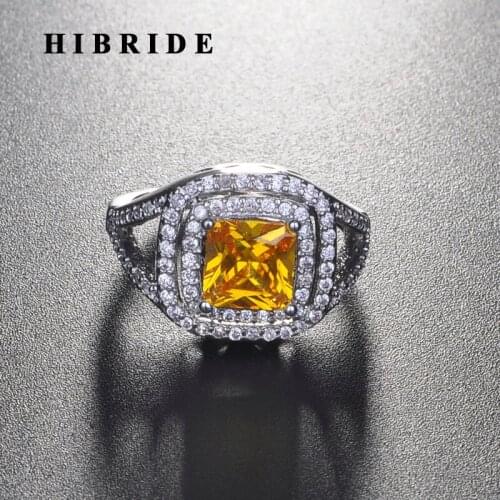 HIBRIDE New Yellow Color Square Cubic Zirconia Wedding Rings For Women Bridal Jewelry Wholesale Price R-254