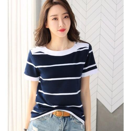 Shintimes Cotton T Shirt Women Button Stripe New 2021 Summer Tops Short Sleeve T-Shirt Woman Tshirt Korean Style Tee Shirt Femme