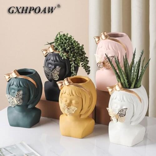 Nordic Living Room Creative Ceramic Flowerpot Succulent Human Head Vase Decorative Ornaments Flower Arrangement Dried Flowers