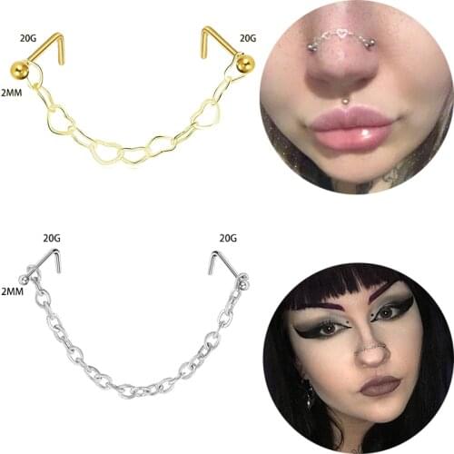 Hot Sale Nose Piercing Chain Ring Stainless Steel Nose Stud Decoration Earring Septum Double Nose Piercing Ring Punk Women Men