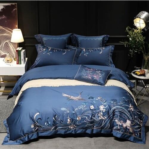 120S Egyptian Cotton Luxury Embroidery Royal Bedding Set 4/6pcs King Queen Wedding Bed Sheet Cover set Duvet Cover Blue fly bird
