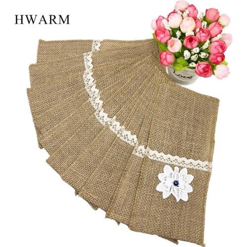 HWARM 20PCS Linen Knife And Fork Bag Tableware DIY Christmas Wedding Birthday Party Festival Decoration Lace Flower With Beads