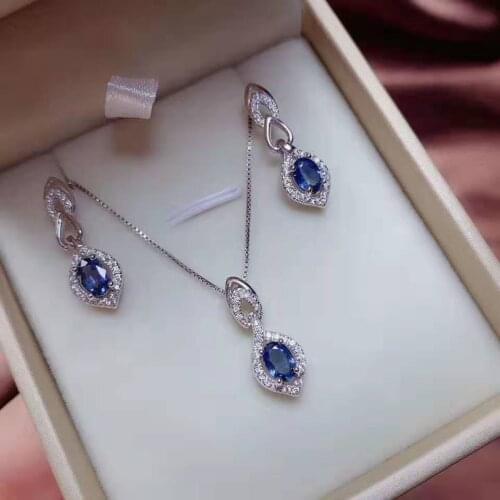 Natural Sapphire Fashion S925 Earring Pendant Necklace Set for Anniversary Gift Fine Jewelry for Women Free Shipping MeibaPJ FS