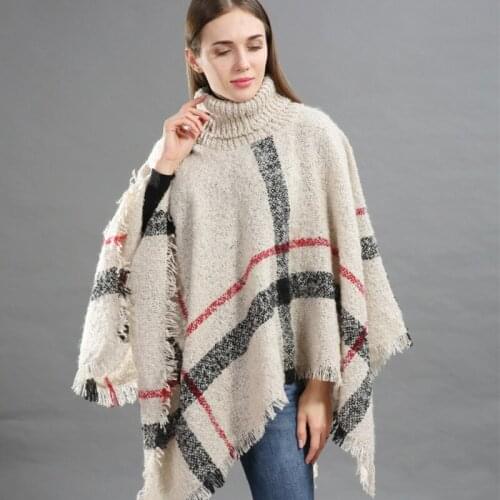 New Autumn Women Luxury Wool Plaid Cardigan Turtleneck Cape Winter Warm Knitting Batwing Sleeveless Tartan Poncho Sweater