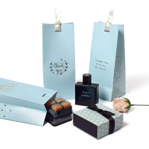 10/20/50pcs Gift Box Blue Paper Gift Bags with Ribbons Stamping Gifts Hand Bag Tie silk scarf shopping mini tote bag Xmas Gift