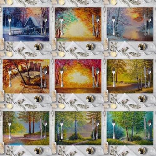 Forest Tree Placemat Cup Snow Scene Tree River Printing Dining Table Cup Coaster Navidad Decorations for Home