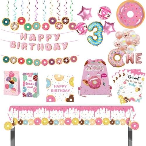 Donut Party Supplies Baby One Year Birthday Party Decoration Burger Icecream Candy Doughnut Balloon Plate Garland Wedding Favors