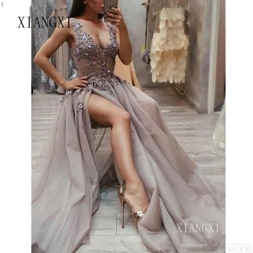 Latest Fashion V Neck Gray Prom Dresses Long With Appliques Beading Sexy Side Slit Tulle Evening Dress Prom Party Gown 2020