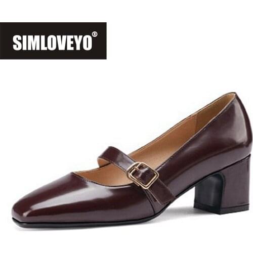 SIMLOVEYO New 2021 Women Pumps Square Toe 5.5cm Block Heels Genuine Leather Buckle Vintage Classic Big Size 32-43 Casual B2505